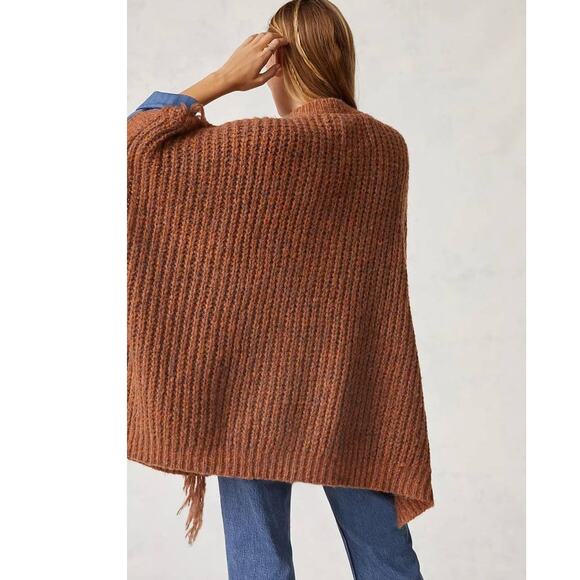 New Anthropologie Marled Fringe Poncho $120 ONESIZE Bronze Knit Frontier - Picture 3 of 5